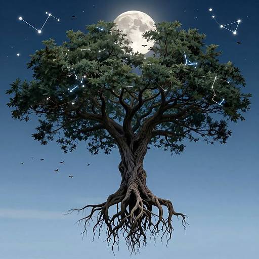 Digital artwork of a tree with exposed roots, illuminated by a full moon, surrounded by a starry night sky and constellation. Birds fly near the branches