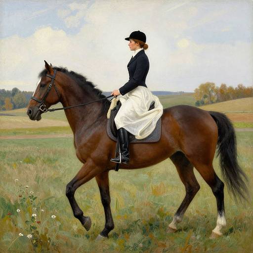 Photorealistic painting of a woman in equestrian attire riding a brown horse in a grassy field, with a tree-lined horizon.