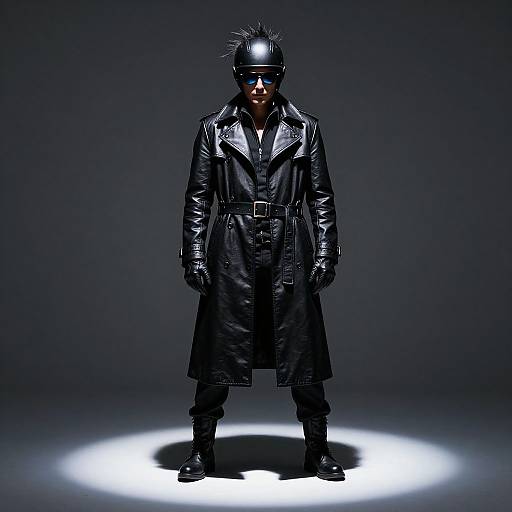 Photograph of a dark-skinned man in a black leather trench coat, spiked helmet, mirrored visor, and gloves, standing in a spotlight against