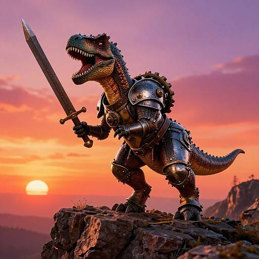 Photorealistic CGI of a roaring, armored dinosaur with a raised sword on a rocky cliff during a vibrant sunset.