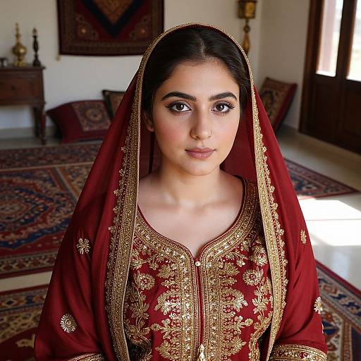 Photograph of a young South Asian woman with medium skin tone, dark eyes, and straight black hair, wearing a red, gold-embroidered