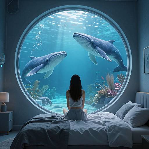 Photograph of a woman with long black hair, sitting on a bed, gazing through a large circular aquarium window showing two swimming whales in a blue