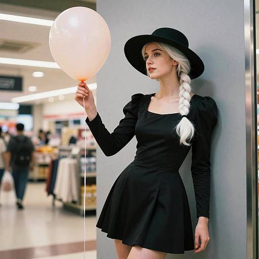 Photograph of a fair-skinned woman with long white braided hair, wearing a black dress and hat, holding a glowing balloon in a brightly lit