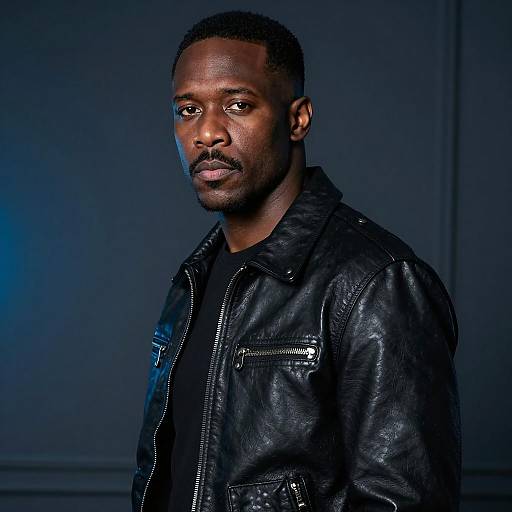 Serious Black Man in Black Leather Jacket
