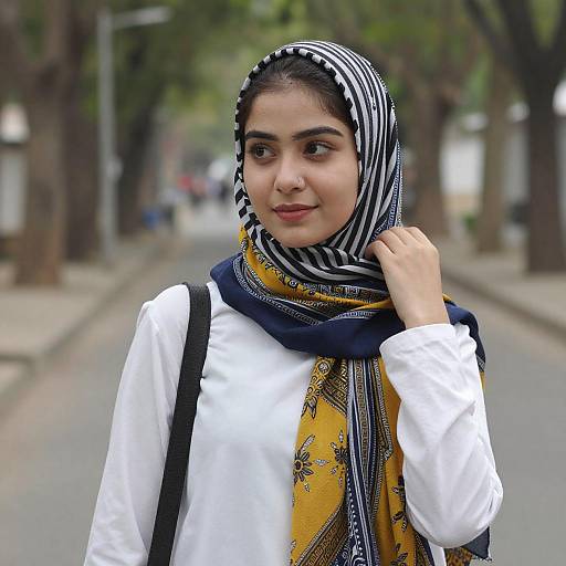 Young Woman Wearing Striped Hijab Outdoors