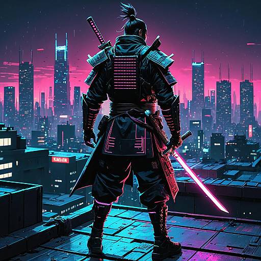 Cyberpunk Samurai on Neon-Lit Rooftop