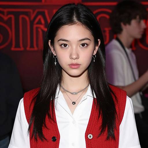 Photograph of an Asian woman with long black hair, wearing a white shirt and red vest, silver earrings and necklace, against a red, blurred background