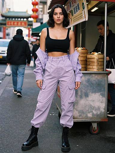 Photograph of a young woman with medium skin tone, black bob haircut, black crop top, white cargo pants, black boots, standing in a bustling