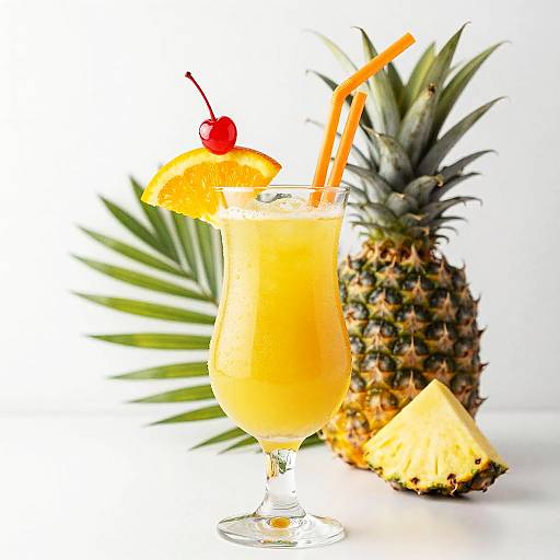 Photograph of a tropical cocktail with orange slice, cherry, and straw, next to a pineapple, triangular pineapple chunk, and green leaves.