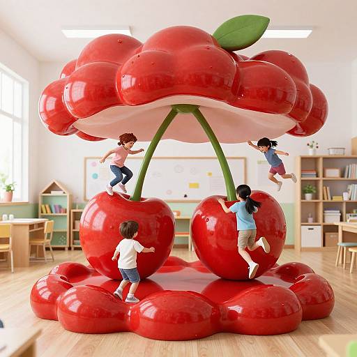 Photograph of four children playing on a giant, red inflatable cherry sculpture in a bright, modern classroom with wooden floors.