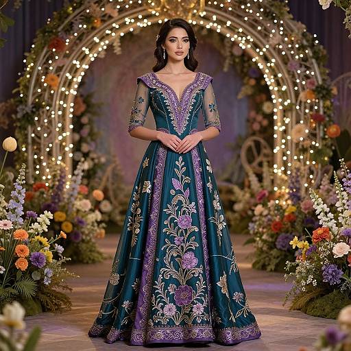 Photograph of a woman in an ornate, deep blue, floral-embroidered ball gown with purple accents, standing in a fairy-lit