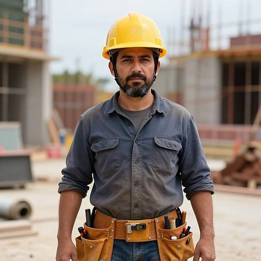 Photograph of a bearded man with a beard, wearing a yellow hard hat, blue shirt, and tool belt, standing on a construction site.