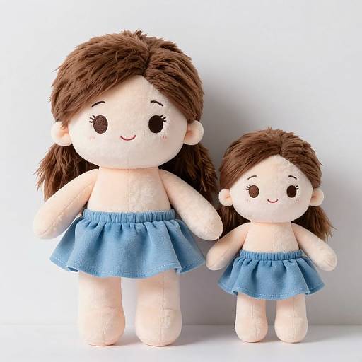 Photograph of two handmade, white, stitched doll sisters with brown hair, black eyes, and blue skirts, standing against a plain white background.