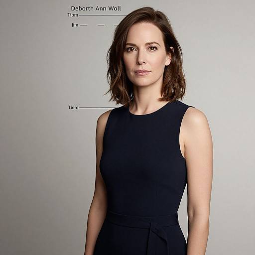 Photograph of Debora Ann Wolff, a Caucasian woman with shoulder-length brown hair, wearing a sleeveless black dress, against a plain gray background with