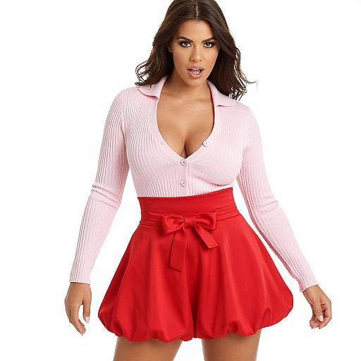 Preppy Playful Woman in Pink Cardigan