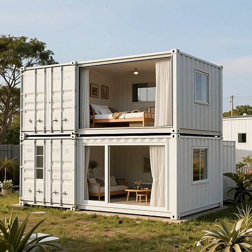Photograph of a modern, two-story shipping container house with white corrugated metal walls, large open balconies, and visible furnished bedrooms inside.