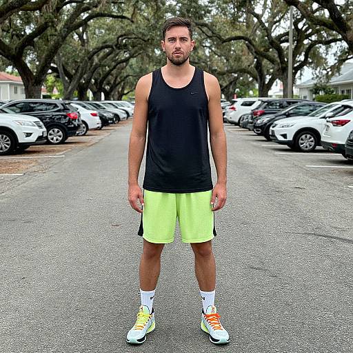 Photograph of a bearded man in a black tank top, neon yellow shorts, white socks, and orange sneakers, standing in a tree-lined parking