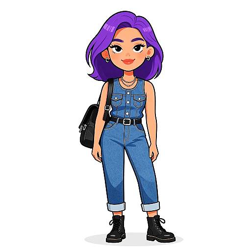 Cartoon-style drawing of a confident woman with purple hair, wearing a blue denim jumpsuit, black boots, and carrying a black backpack.