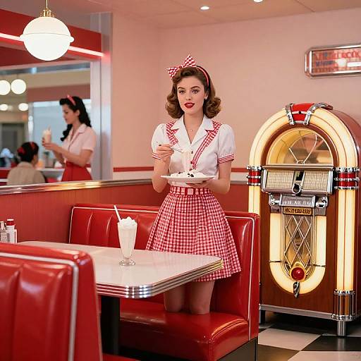 Photograph of a 1950s-style diner with a smiling waitress in red-and-white checkered dress, apron, and bow, serving a
