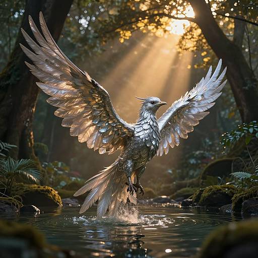 Photograph of a majestic, iridescent bird with outstretched wings, splashing into a sunlit forest pond, surrounded by mossy rocks