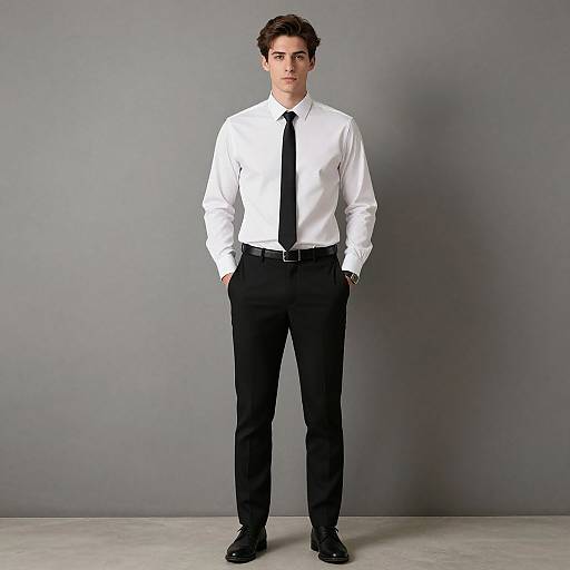 Photograph of a young man with short dark hair, wearing a white shirt, black tie, black pants, and black shoes, standing against a gray