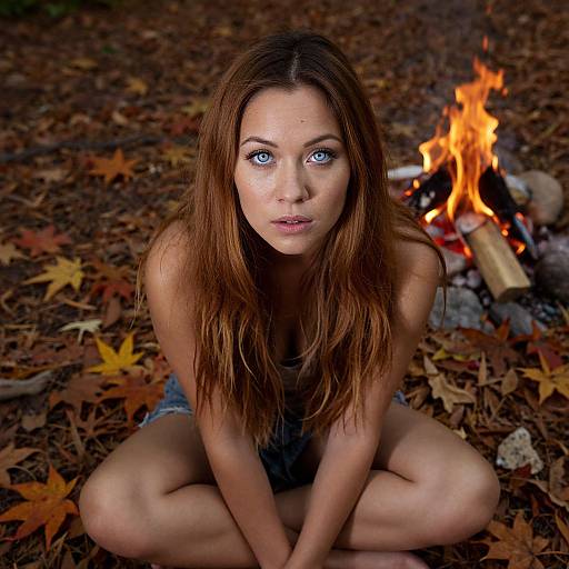 Photograph of a young woman with blue eyes, long brown hair, and fair skin, sitting cross-legged on autumn leaves, looking directly at the camera