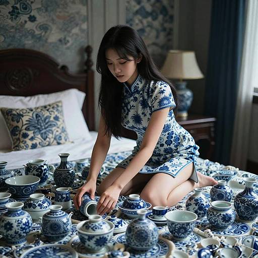 Girl on Blue and White Porcelain Bed