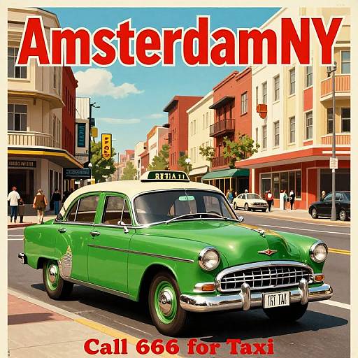 Photograph of a vintage green taxi cab on a sunny street, with 