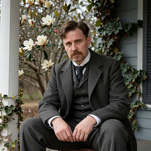Photograph of a serious, mustached man in a dark gray three-piece suit, seated outdoors on a porch with white magnolia flowers and green iv