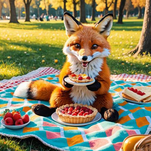 Playful Fox Character Eating Pie at Picnic