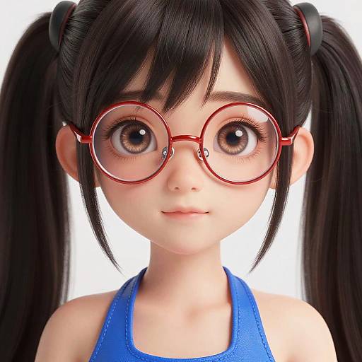 Digital illustration of an anime-style girl with large brown eyes, black pigtails, red circular glasses, and a blue tank top.