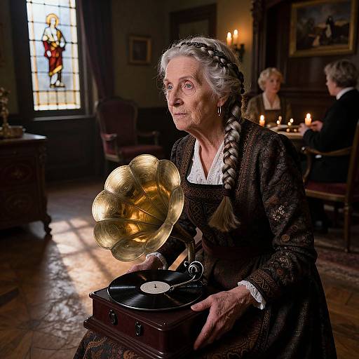 Photograph of an elderly woman with white hair, wearing a dark lace dress, holding a vintage gramophone and record in a dimly lit, wooden