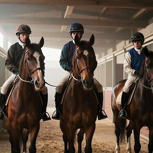 Jockeys and Horses in Misty Stable