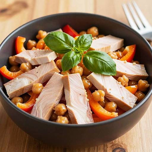 Photograph of a black bowl filled with cubed white turkey, orange carrots, chickpeas, and topped with fresh basil leaves on a wooden table