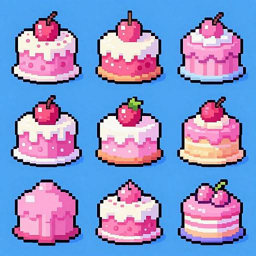 Pixel art of nine colorful cupcakes with strawberries on a bright blue background, arranged in a 3x3 grid. Each cupcake has varying pink,