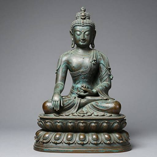 Photograph of a bronze Buddha statue sitting in lotus position, eyes closed, hands in meditation pose, detailed ornate base and headdress.