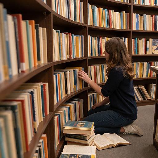 Photograph of a woman with long brown hair, wearing a black shirt and jeans, kneeling in a curved wooden library shelf, searching for books amid colorful