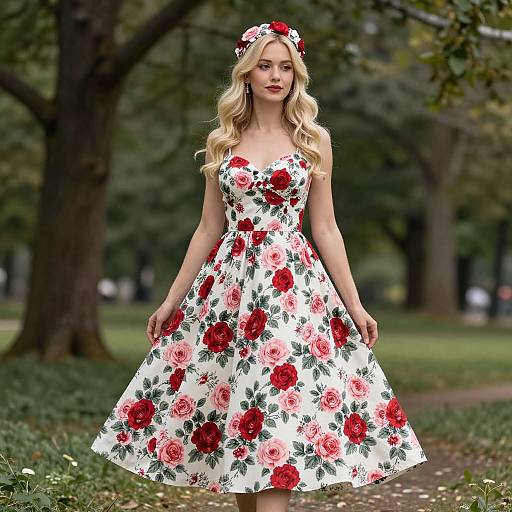 Photograph of a blonde woman with wavy hair, wearing a white floral dress with red and pink roses, standing in a park.