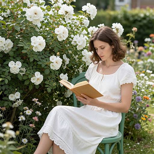 Photograph of a brown-haired woman in a white lace dress reading a book, seated on a green chair amidst blooming white roses and colorful garden flowers