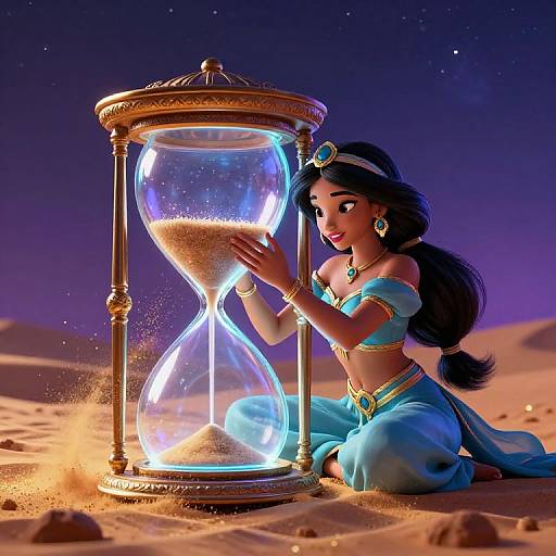 Digital illustration of a beautiful, dark-haired princess with blue harem outfit, kneeling in desert, closely examining glowing hourglass under starry night sky.