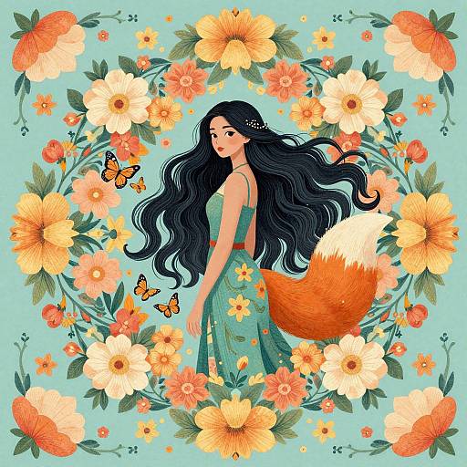 Digital illustration of a beautiful woman with long black hair, green dress, and orange fox tail, surrounded by vibrant flowers and butterflies on a light blue background