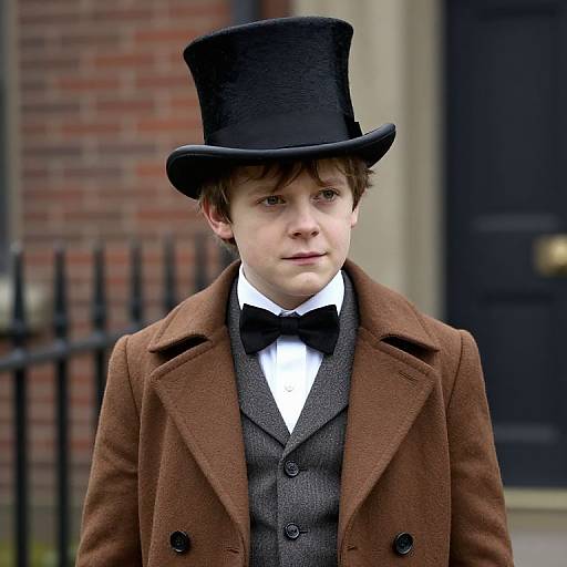 Photograph of a young white boy in Victorian attire, wearing a black top hat, brown tweed coat, gray waistcoat, white shirt, and