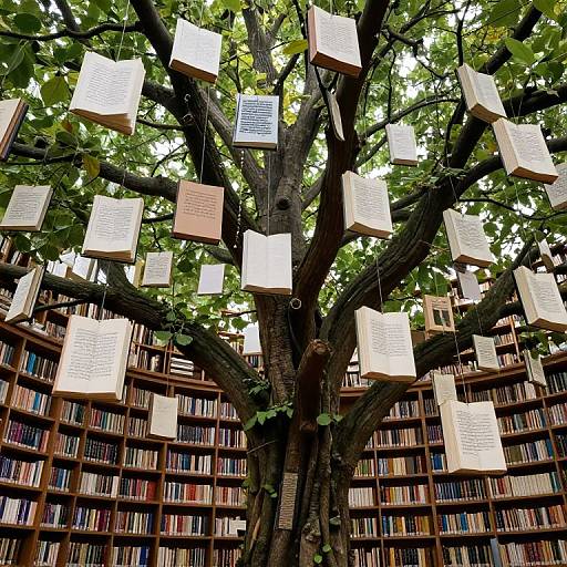 Photograph of a tree with numerous paper tags hanging from its branches, set against a backdrop of a densely packed library shelf.
