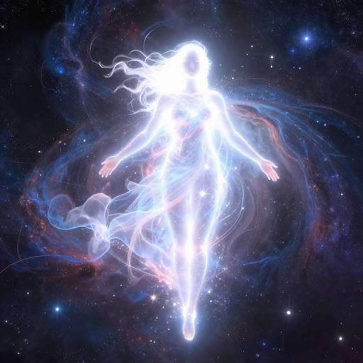 Digital art: Glowing, ethereal white figure with flowing hair and translucent dress floating in a starry, cosmic background with blue and red nebula