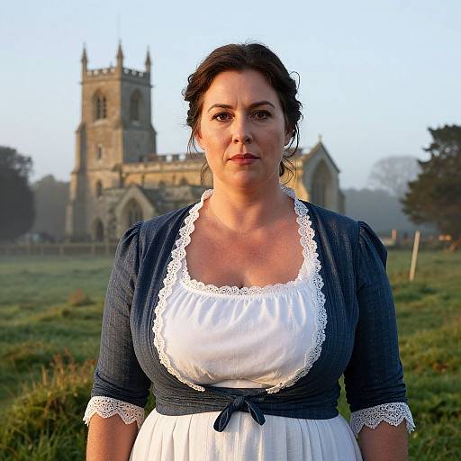 Photograph of a middle-aged woman with dark hair in a blue lace-trimmed dress, standing in front of a historic stone church in a grass