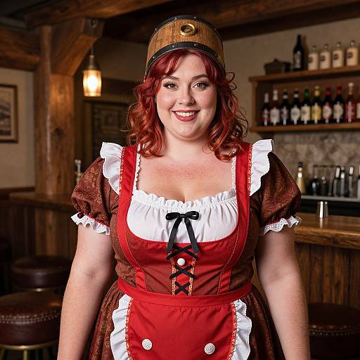 Photograph of a smiling red-haired woman in a traditional German dirndl with white lace trim, red apron, and wooden cap, standing in a