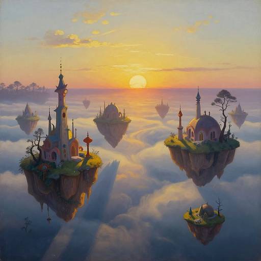Fantasy digital painting of floating islands with colorful, detailed buildings at sunset, surrounded by clouds, trees, and distant islands.