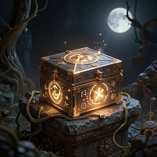 Glowing, mystical, golden cube with runes and symbols, illuminated by magical light, on a stone pedestal under a full moon.