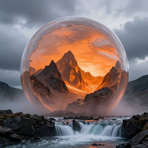 Photorealistic digital artwork of a transparent sphere containing a vivid orange sunset over jagged mountains, set against a cloudy sky and cascading waterfall in the