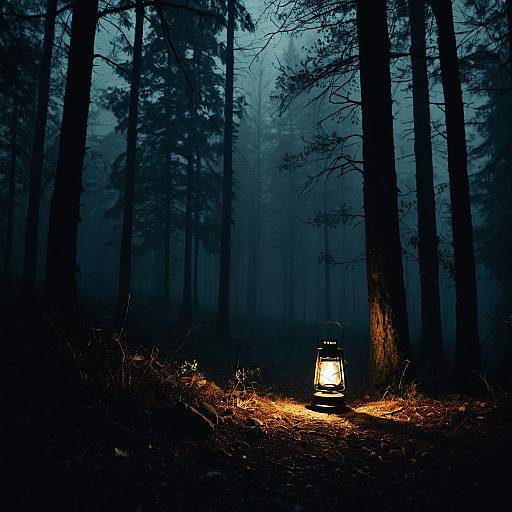 Lantern glowing in misty forest at night